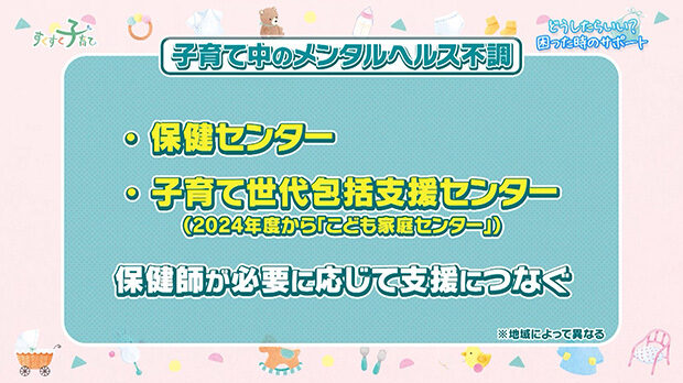 子育て中のメンタルヘルス不調の相談先：保健センター・子育て世代包括支援センター（こども家庭センター）。保健師が必要に応じて支援につなぐ